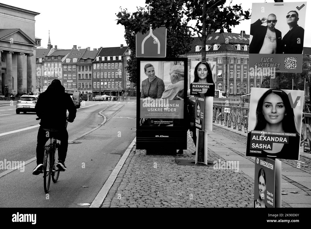 Copenhagen/Denmark/25 October 2022/Danish prime minister social democrat party leader and candidate for next prime minister of Denmark on green billboard climate enevieronment and green energy and red billboard party colour on Parliamentary elections campaign and voting day 1.nov.2022.  (Photo. Francis Joseph Dean/Dean Pictures. Stock Photo