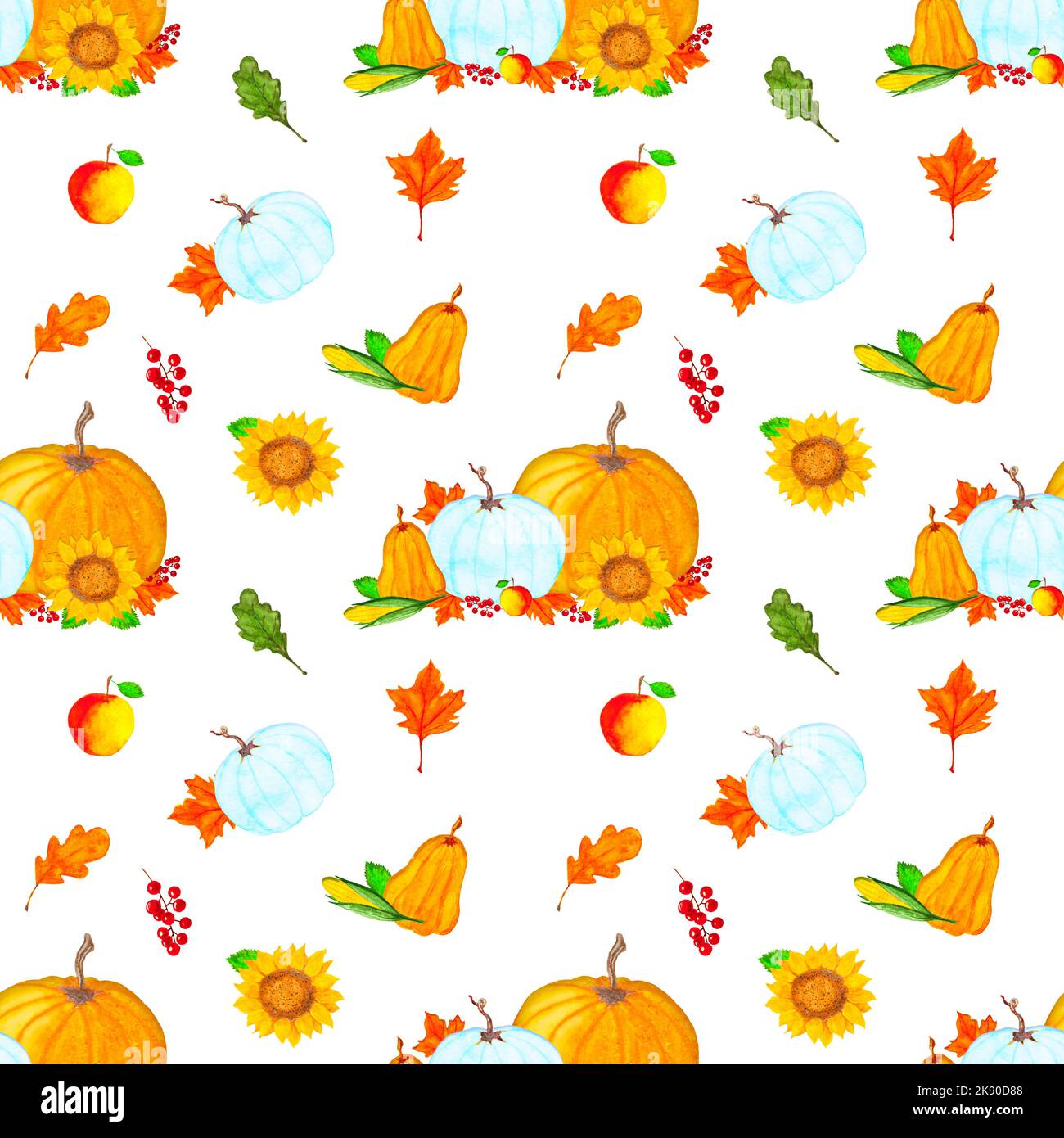 Thanksgiving day background, seamless background with watercolor pumpkins, autumn leaves, berries on white background, watercolor raster Thanksgiving Stock Photo