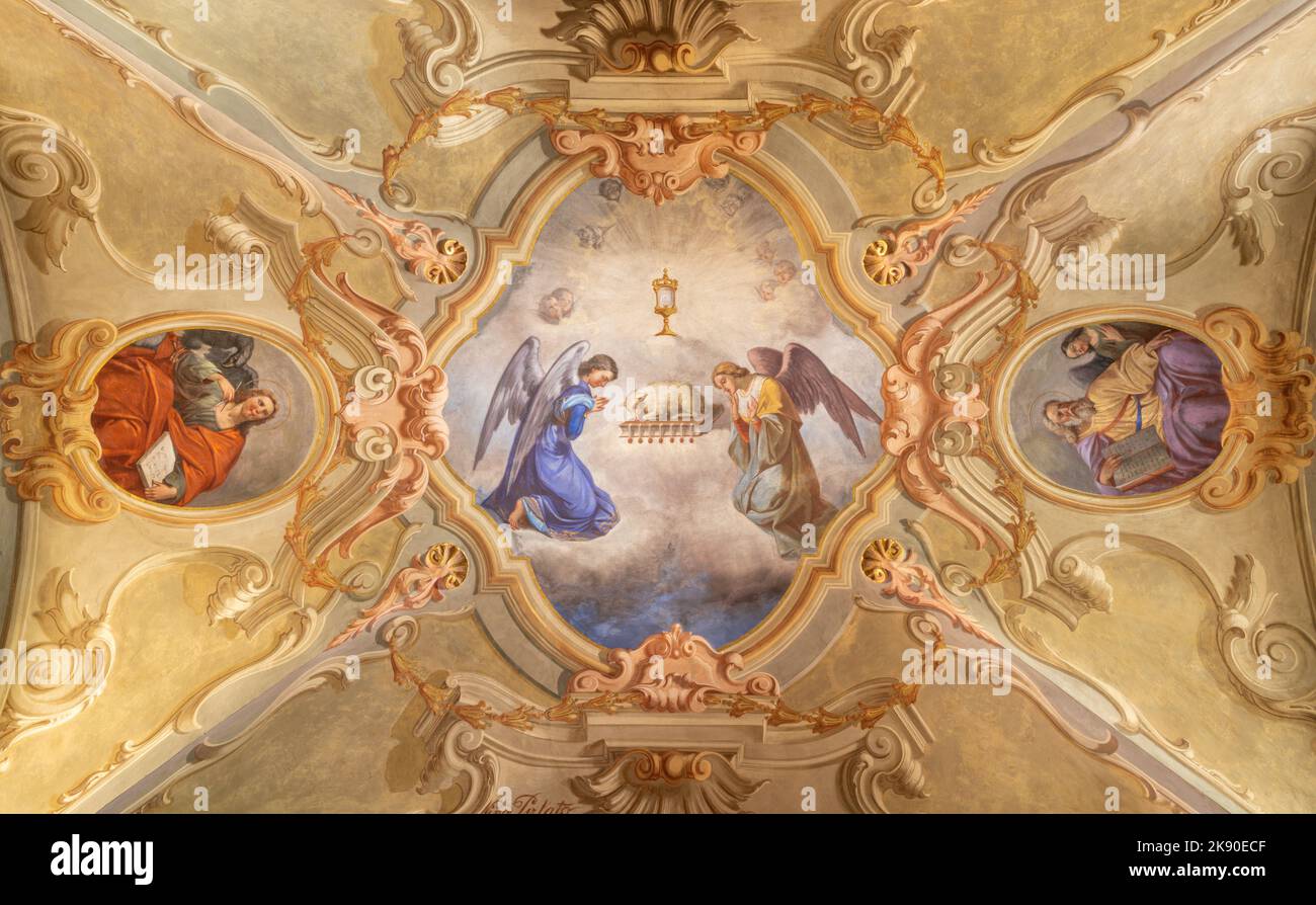 COURMAYEUR, ITALY - JULY 12, 2022: The ceiling fresco of Lamb of God  in church Chiesa di San Pantaleone originaly by Giacomo Gnifetti from18. cent. Stock Photo