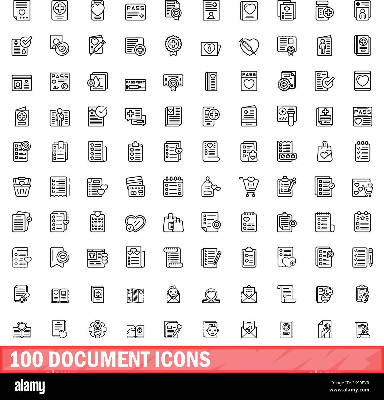 100 document icons set. Outline illustration of 100 document icons ...