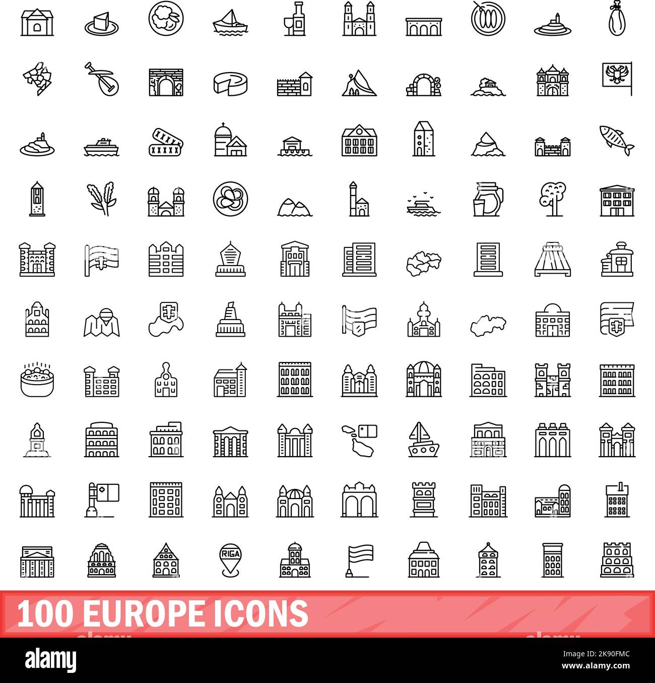 100 europe icons set. Outline illustration of 100 europe icons vector set isolated on white background Stock Vector