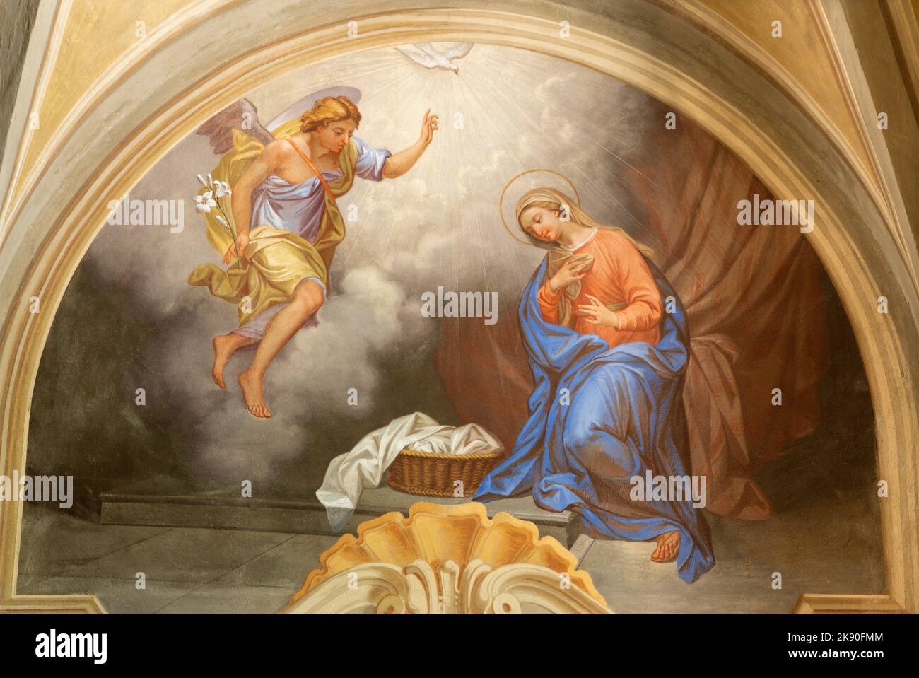 COURMAYEUR, ITALY - JULY 12, 2022: The fresco of Annunciation in church Chiesa di San Pantaleone by Nino Pirlato (1957). Stock Photo