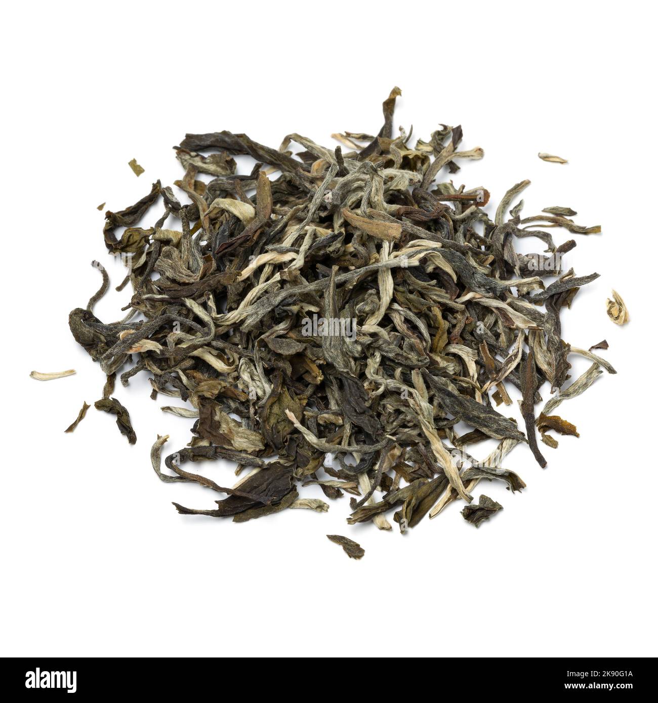 Heap of Bai Mao Hou, White Monkey dried tea leaves close up isolated on white background Stock Photo