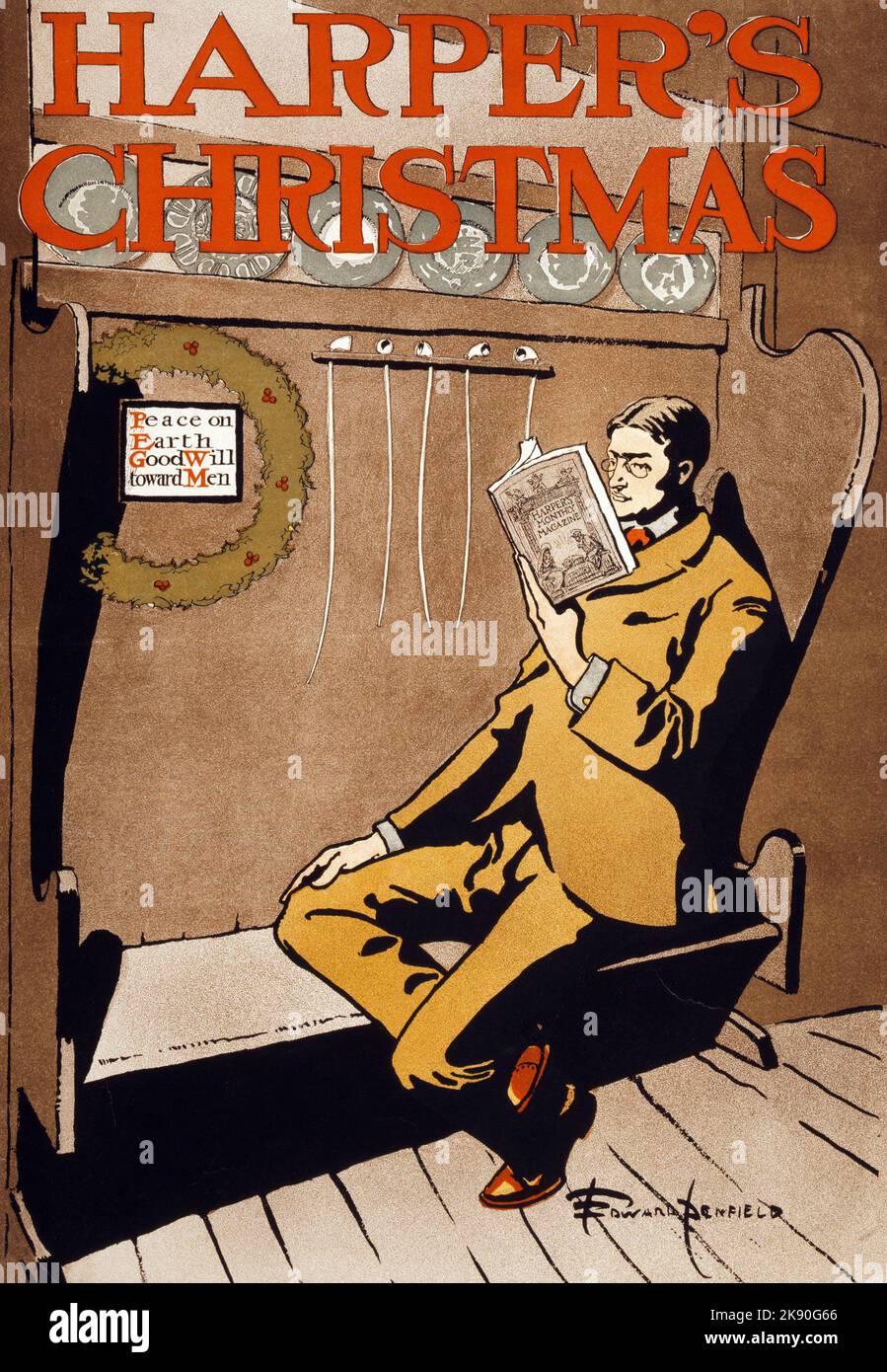 Harper's Christmas : Edward Penfield artwork 1897 - Poster shows a man sitting on a settle bench reading a copy of Harper's Stock Photo