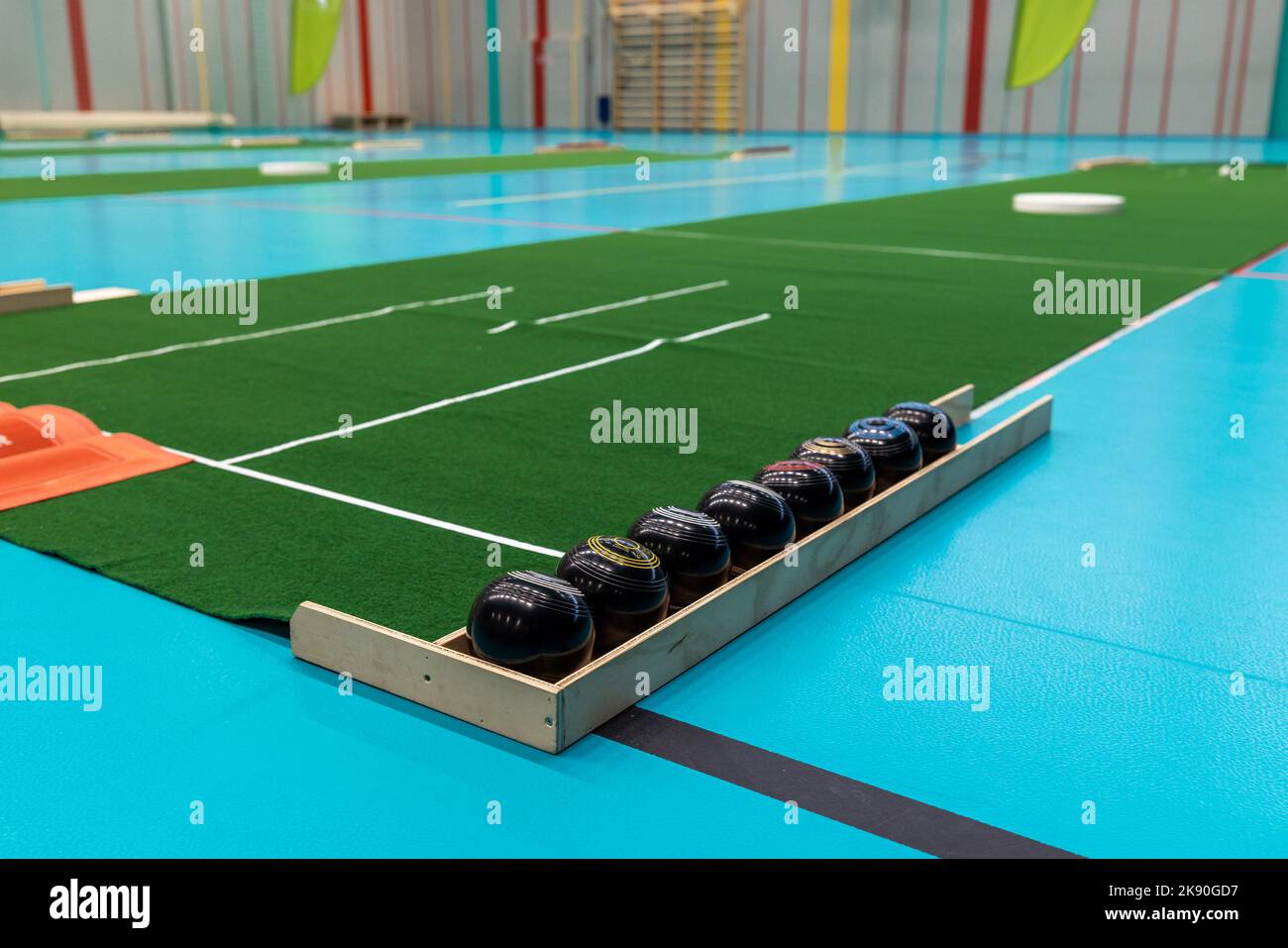 Indoor bowls carpets. Also known as lawn bowls or lawn bowling Stock
