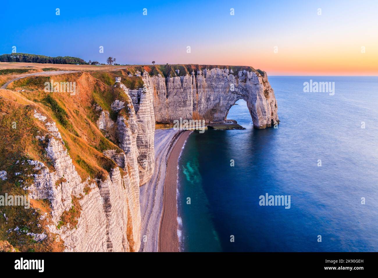 Deauville, Normandy, France.village cliffs with the Manneporte arch and the Valaine beach. Stock Photo