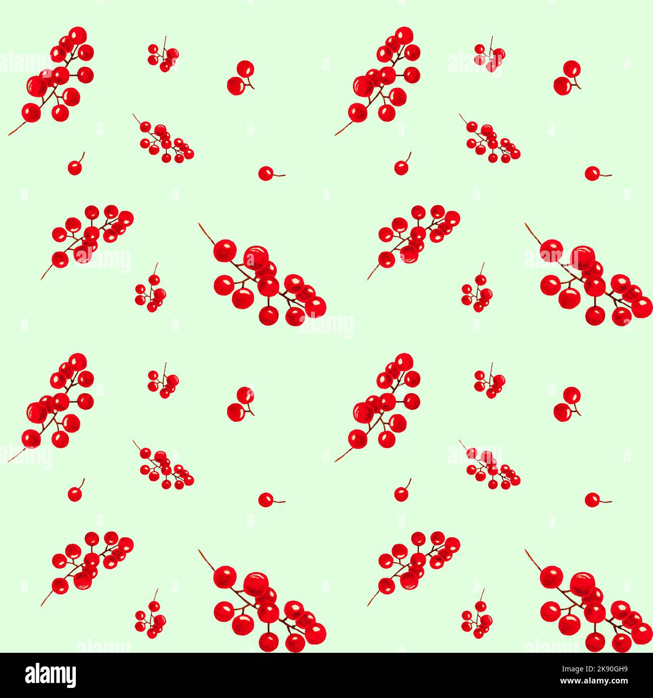 Red berries watercolor background, seamless watercolor pattern with bright red seasonal berries on light green surface, raster seamless illustration Stock Photo
