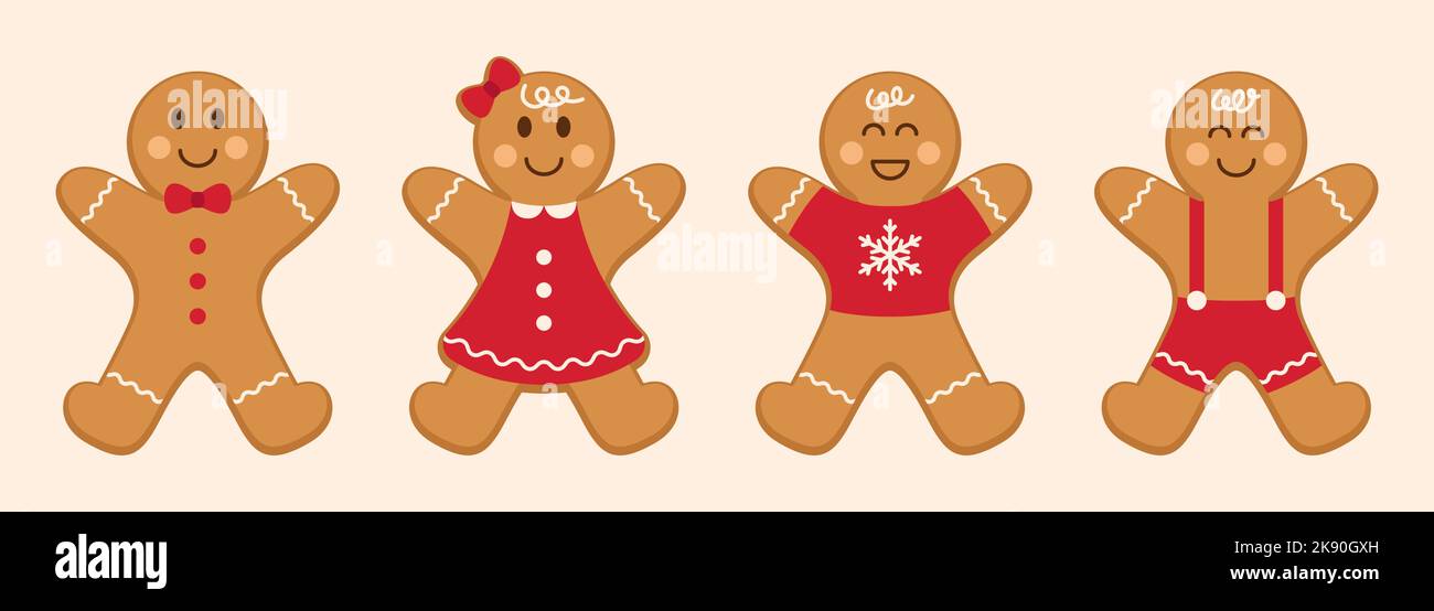 Set of gingerbread man and woman sweet cookies. Holiday winter Christmas symbols. Vector illustration. Stock Vector