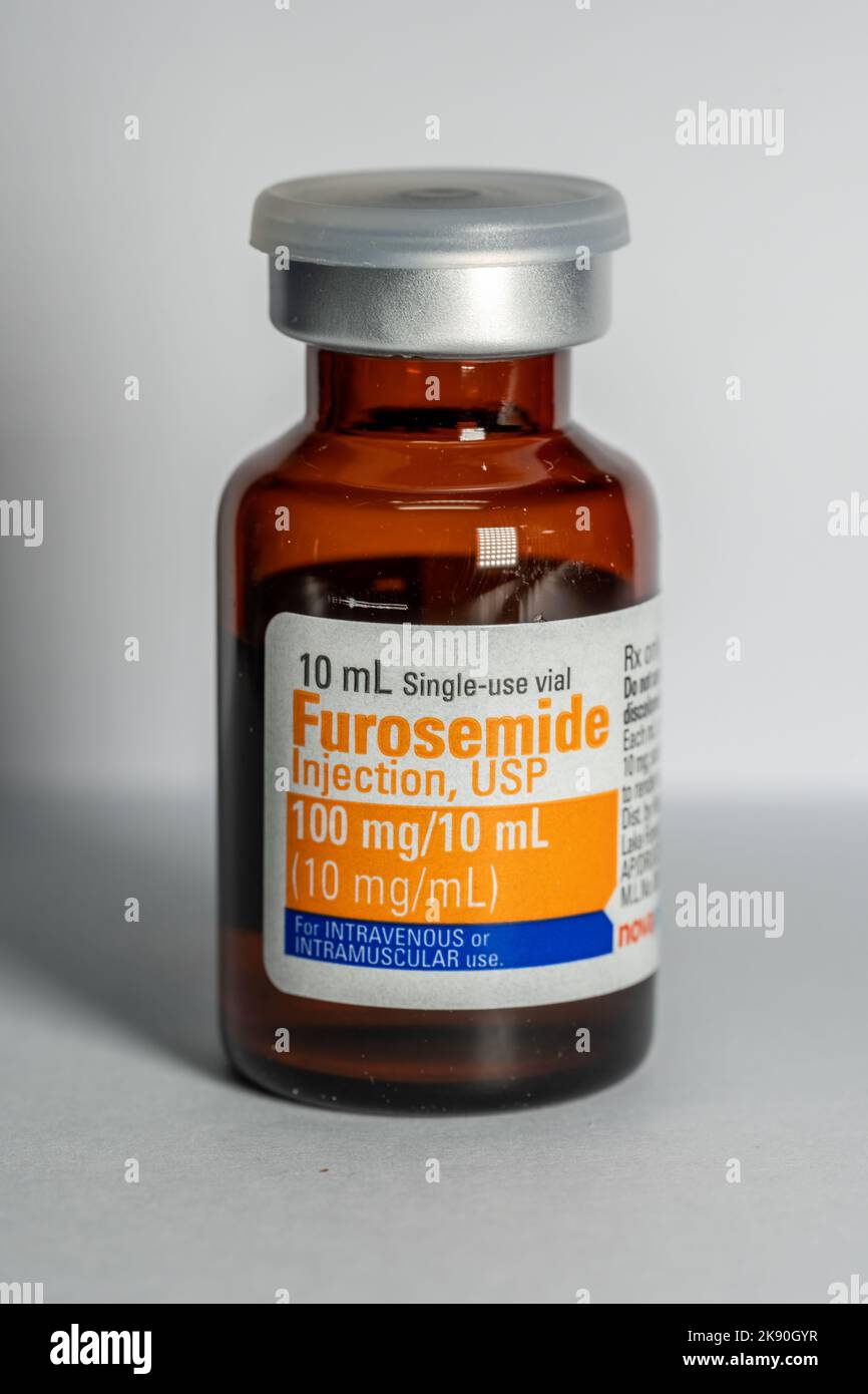 A bottle of Furosemide drug for injection treating fluid retention and