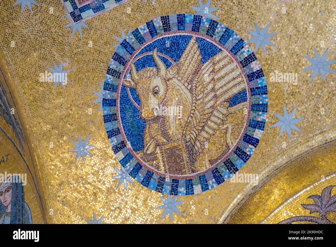 OTTROTT, FRANCE - JUNE 4, 2016: pegasus mosaic at Chapelles des Larmes at Mont Sainte Odile in France. The golden mosaic dating from the 12th century Stock Photo