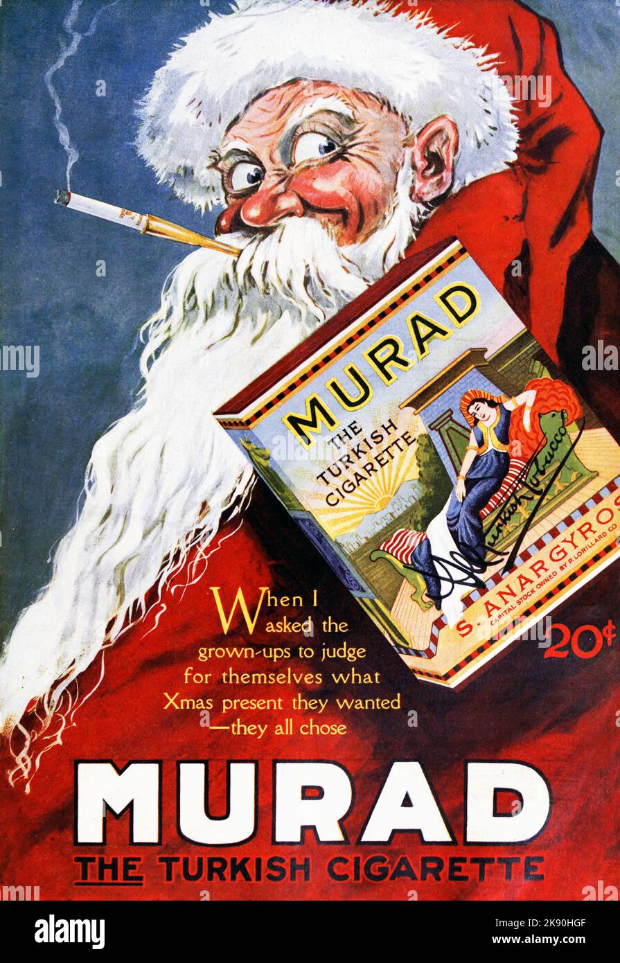 Murad cigarette advertisement featuring Santa Claus smoking a cigartte.  