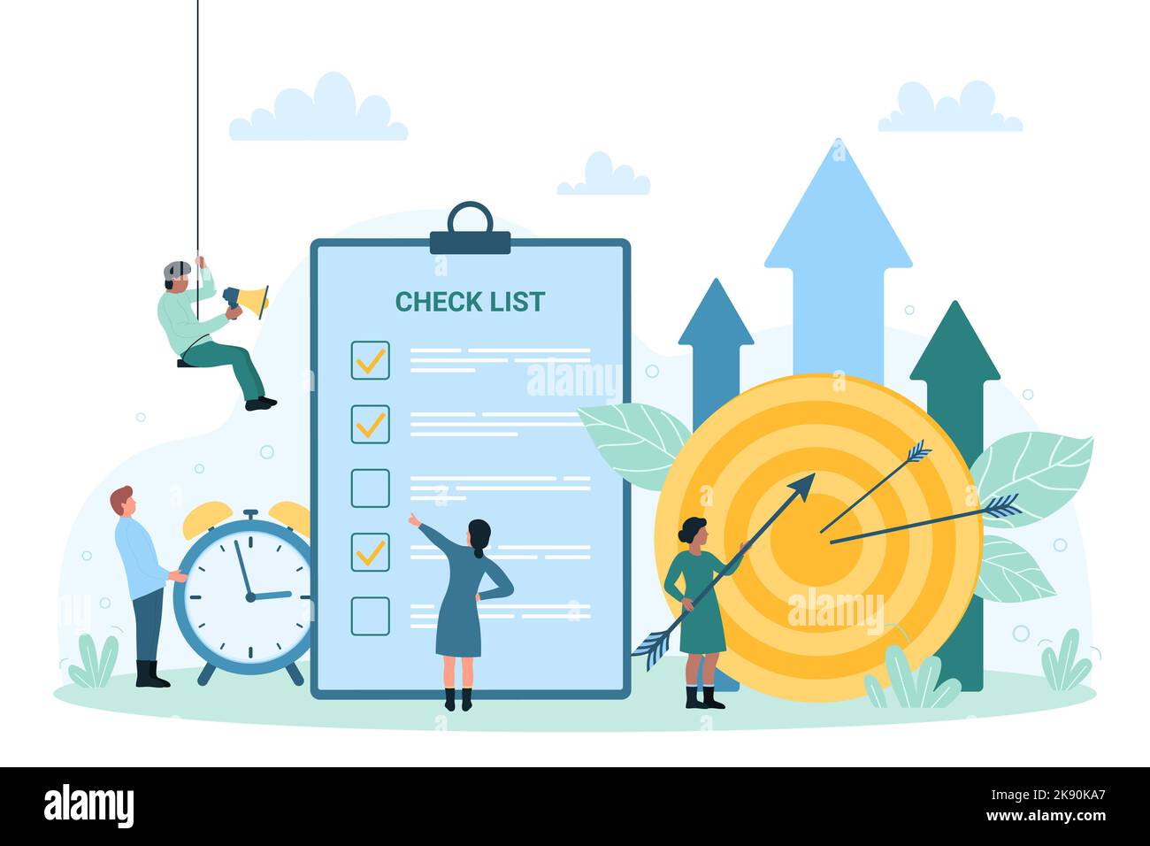 Productive management, organization for business achievement vector illustration. Cartoon tiny people work with list of important tasks to achieve goal, employee holding arrow hitting bullseye Stock Vector