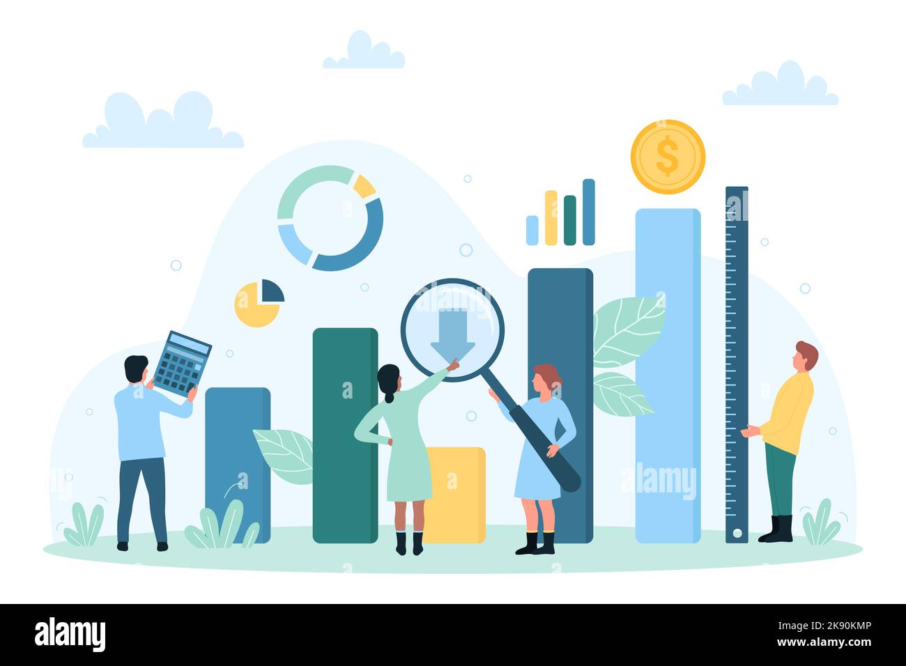 Business audit, analytics and analysis vector illustration. Cartoon tiny people analyze chart growth with magnifying glass, measure and calculate financial data reports with ruler and calculator Stock Vector