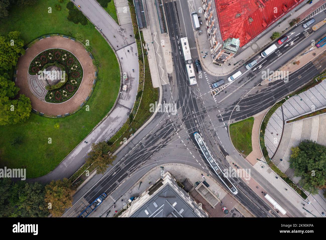 Cracow, Lesser Poland, Poland - September 22 2022: Aerial view of tram rails, tram, bus, intersection Pawia and Lubicz street, Palnty and Floryjan Str Stock Photo