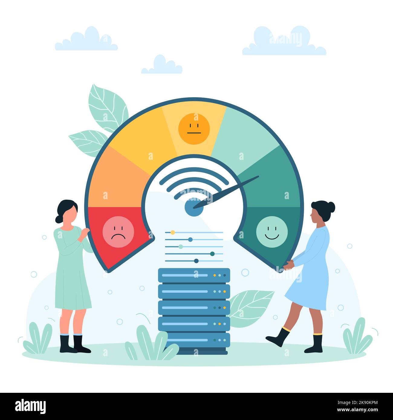 High speed broadband internet, network optimization vector illustration. Cartoon tiny people accelerate wifi signal on dashboard with speedometer and arrow, boost quick signal in provider speedtest Stock Vector