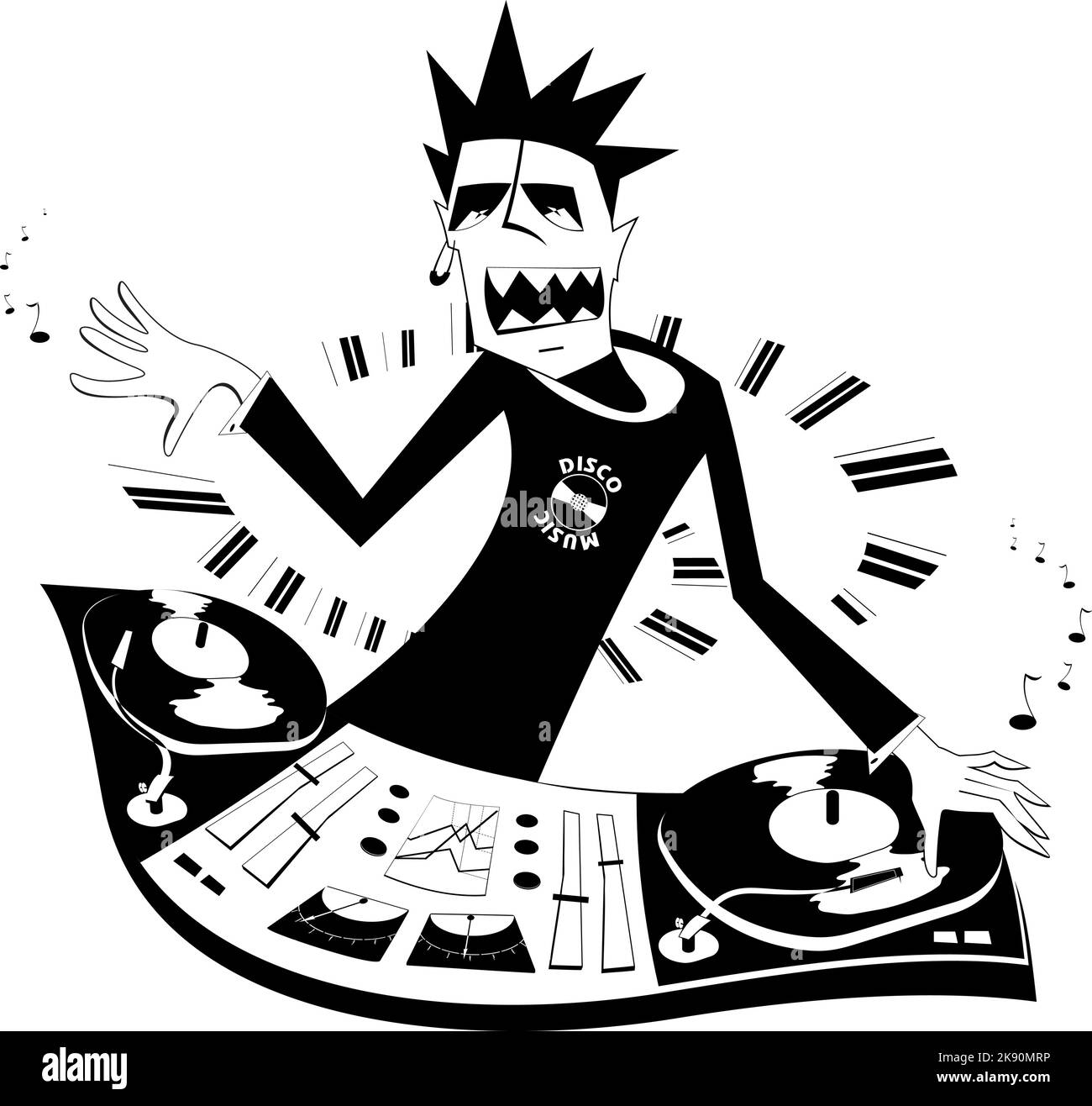 Cartoon funny DJ illustration. DJ performing music on the control panel black on white illustration Stock Vector