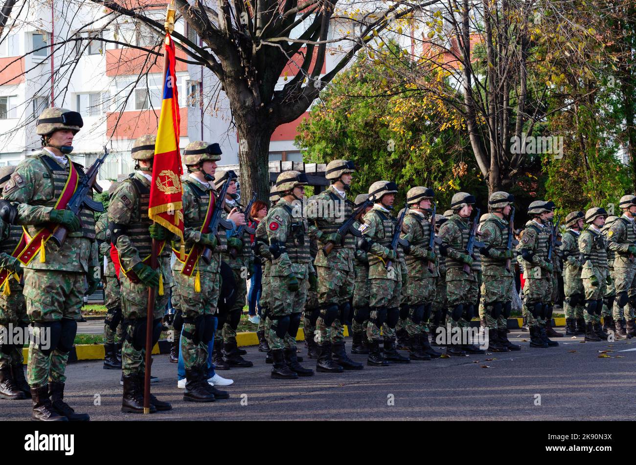 Botosani, Romania - October 25, 2022: Military are marching during a rehearsal for National Day of Romania military parade. Romanian Army Day. Stock Photo