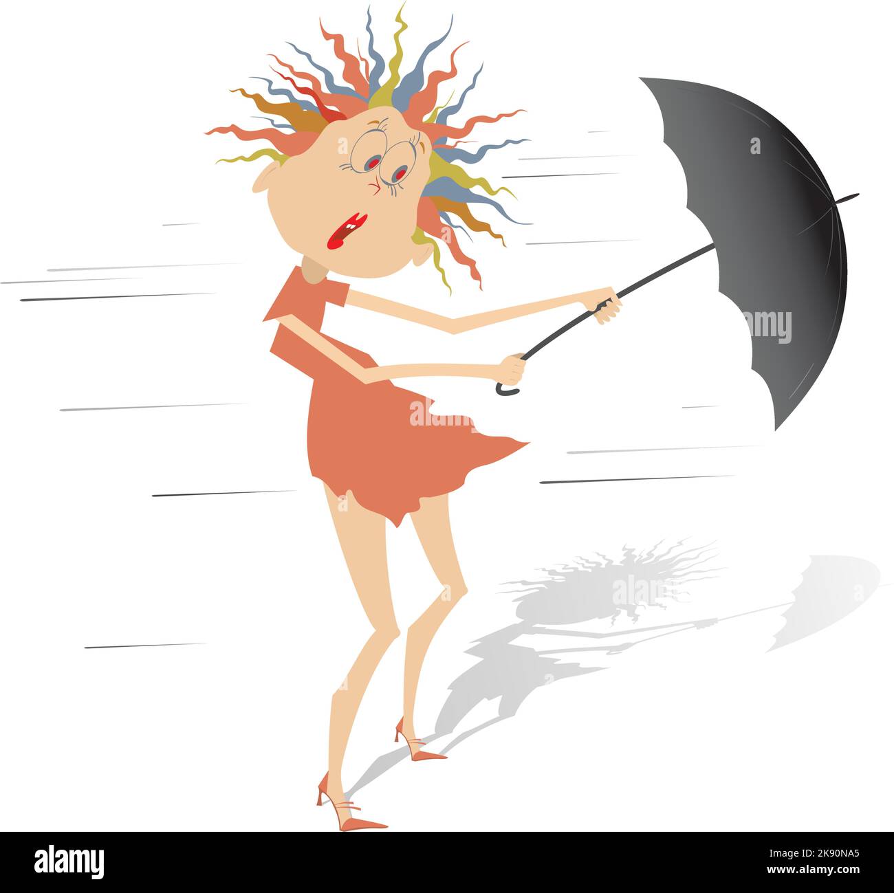 Windy day and young woman with umbrella illustration. Young woman staying on the strong wind