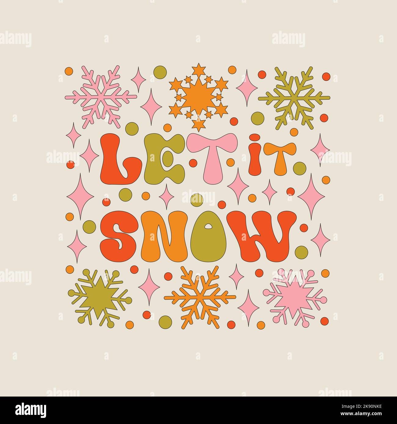 Retro 70s style Christmas text with xmas elements. Stock Vector