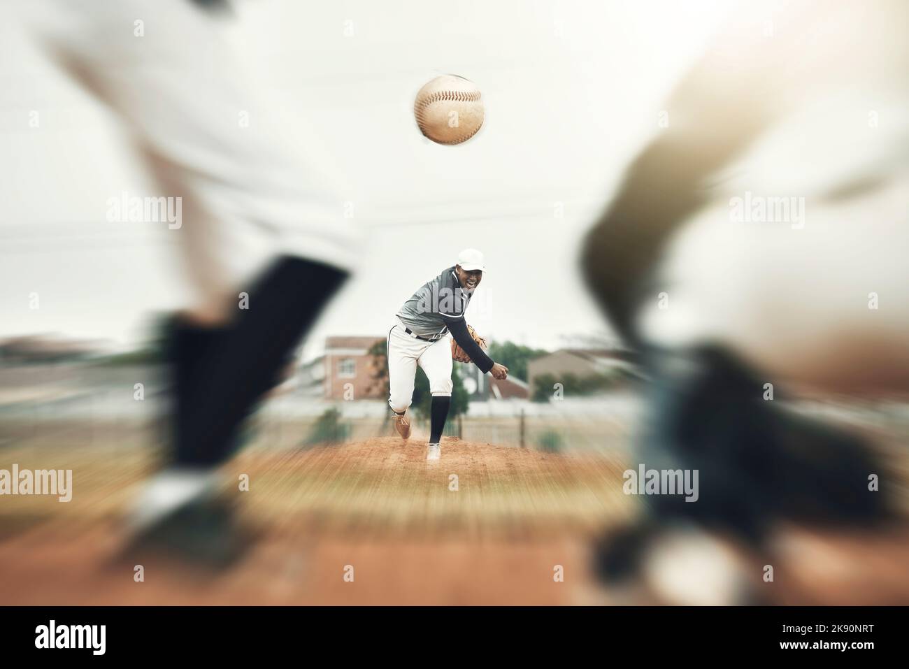 Baseball, fast ball and sport athlete throwing in a sport, exercise and