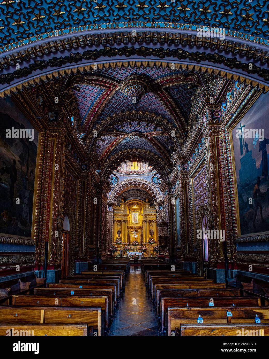 The beautiful interior and the altar of the Santuario Diocesano de Nuestra Senora de Guadalupe (Diocesan Sanctuary of Our Lady of Guadalupe) in Mexico Stock Photo
