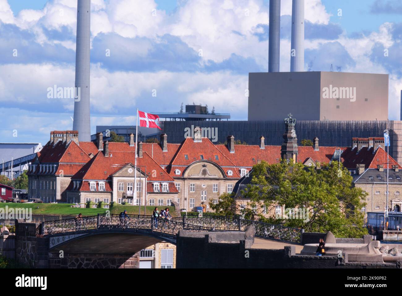 Copenhagen, Denmark - Sept 2022: View of Naval Station Holmen and Danish flag Stock Photo