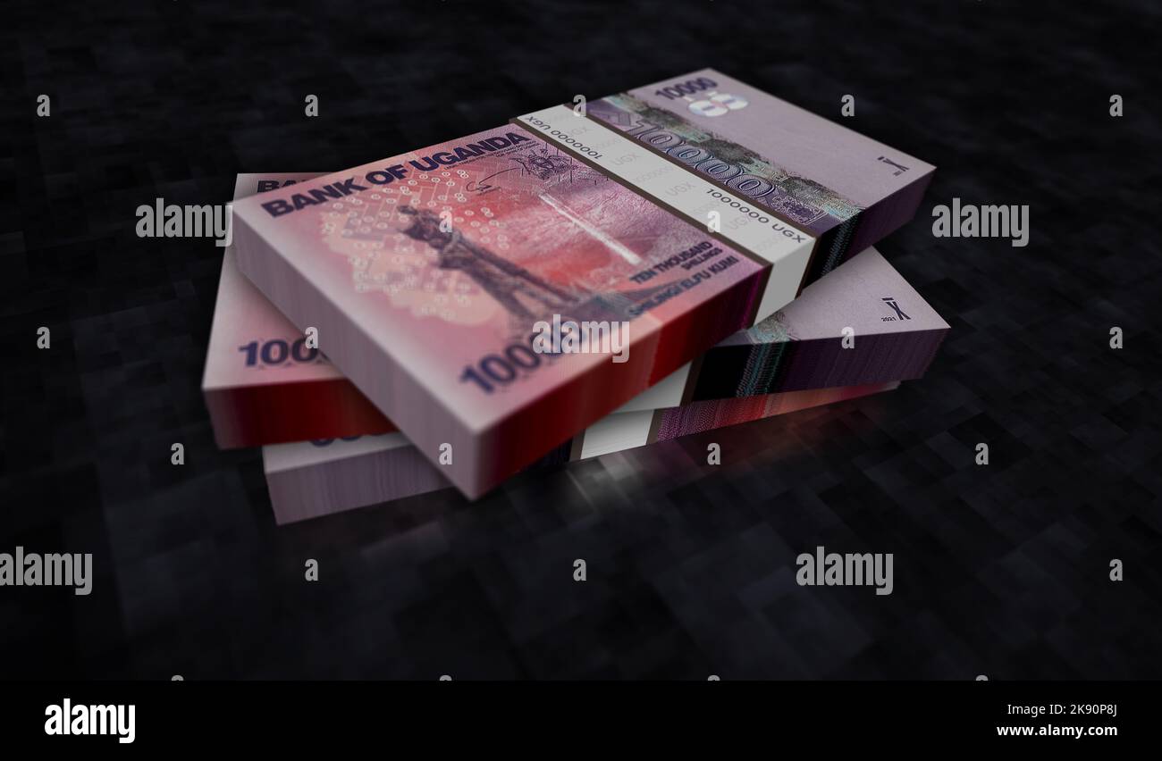 Uganda money Shilling money pack 3d illustration. UGX banknote bundle stacks. Concept of finance, cash, economy crisis, business success, recession, b Stock Photo