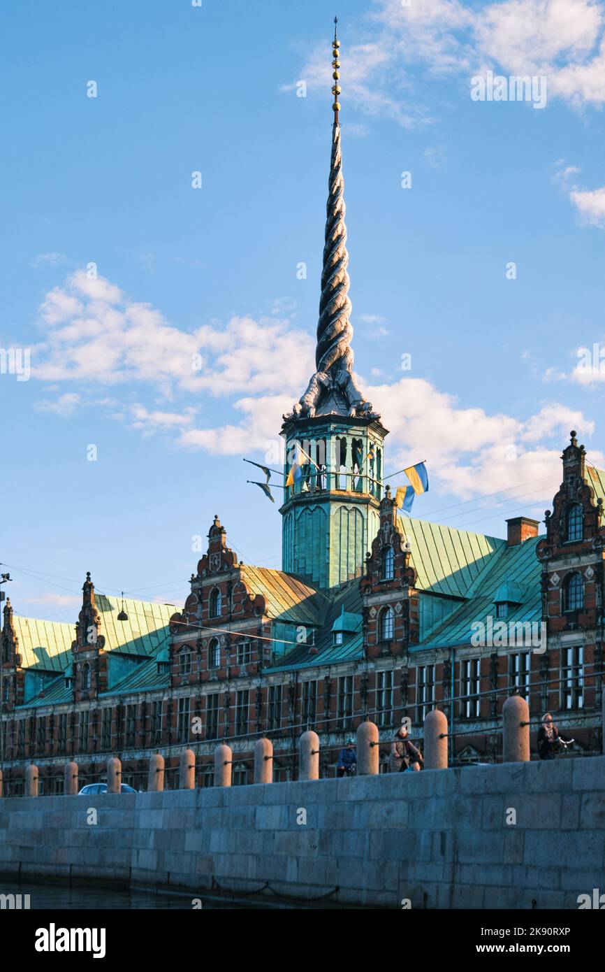 Copenhagen, Denmark - Sept 2022: View of Borsen Stock Exchange building and its spire with shaped as the tails of four dragons twined together (Borsby Stock Photo