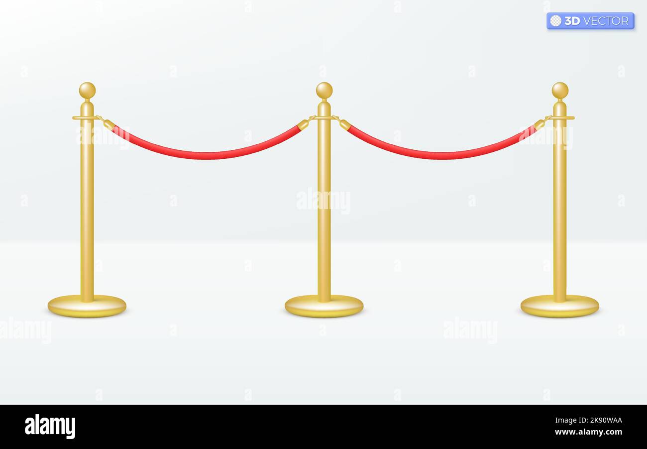 Red Carpet pillar icon symbol. golden pole, red Barrier Rope, Event, VIP concept. 3D vector isolated illustration design. Cartoon pastel Minimal style Stock Vector