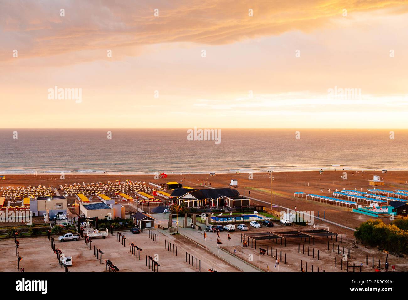 NECOCHEA, BUENOS AIRES, ARGENTINA - JANUARY 5, 2022: Aerial view of the main beach in the morning. Stock Photo