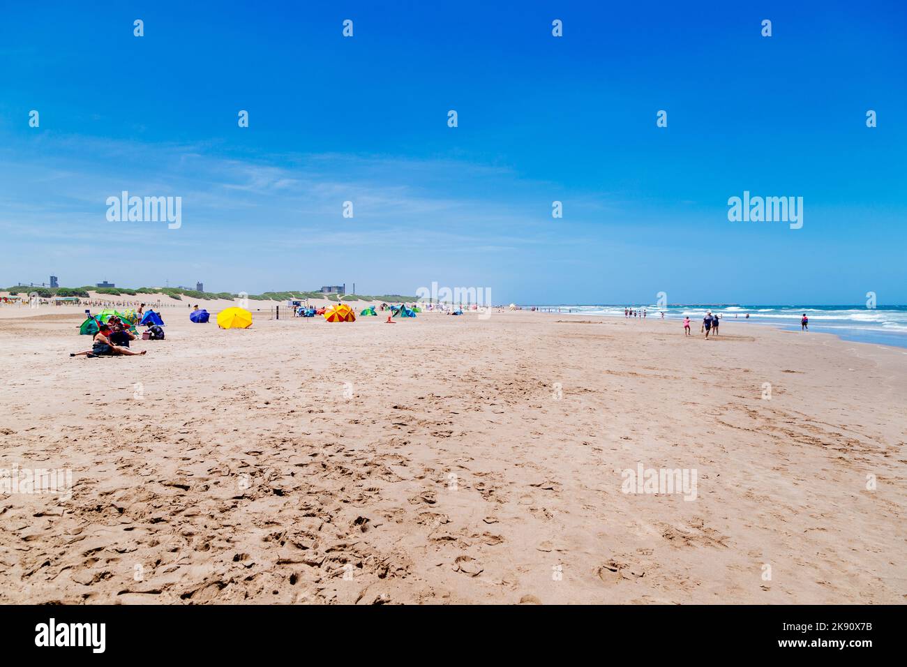 NECOCHEA, BUENOS AIRES, ARGENTINA - JANUARY 5, 2022: View of main beach Los Patos. Summer season. Stock Photo