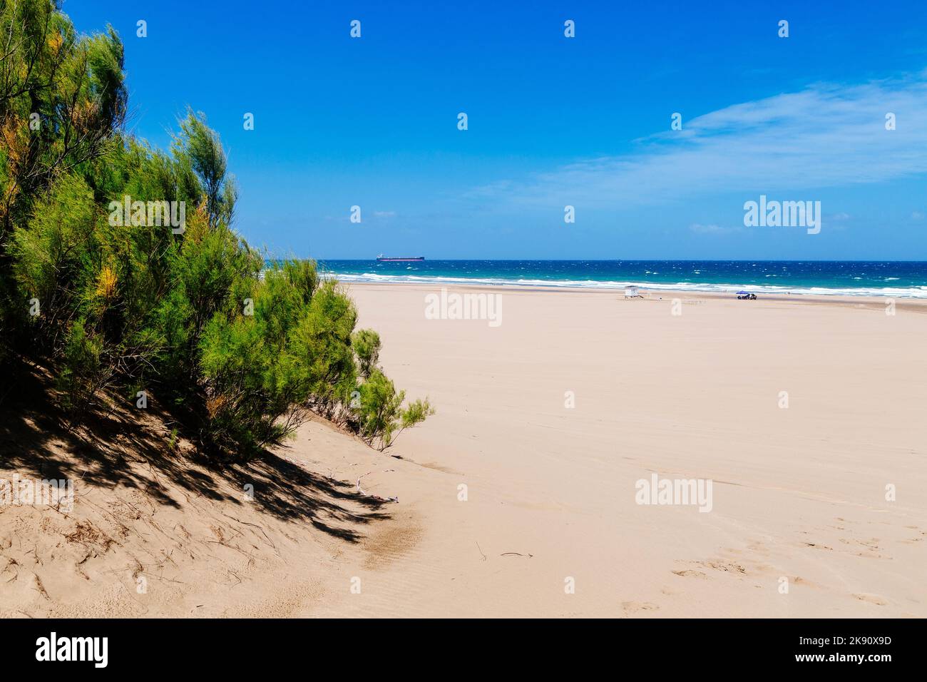 Necochea, Buenos Aires, Argentina. View of the Los Patos beach from a dune. Atlantic sea in the background. Stock Photo