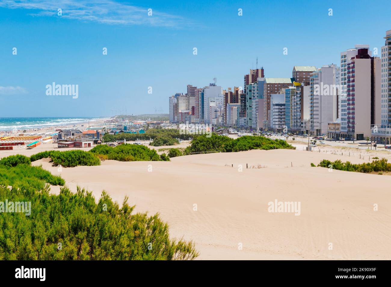Necochea city, Buenos Aires, Argentina. View of the dunes and Los patos beach. The city at background. Stock Photo