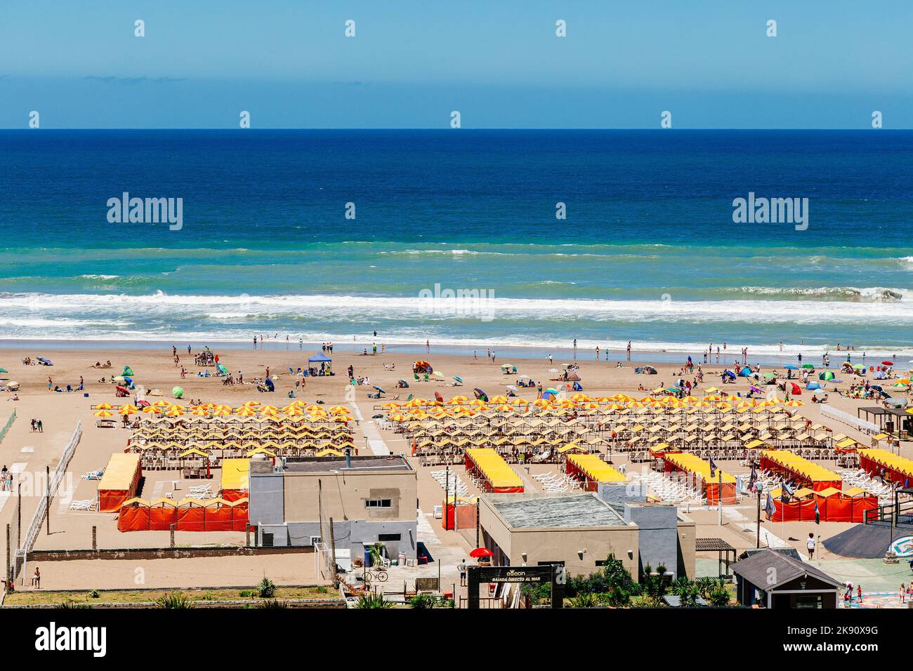 NECOCHEA, BUENOS AIRES, ARGENTINA - JANUARY 5, 2022: Aerial view of the main beach in the city downtown. Stock Photo