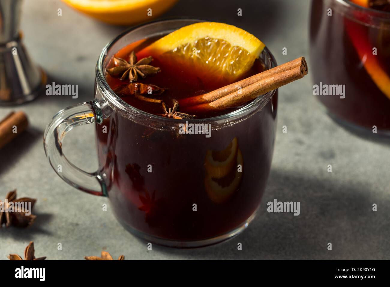 Homemade Christmas Mulled Red Wine with Cinnamon and Orange Stock Photo