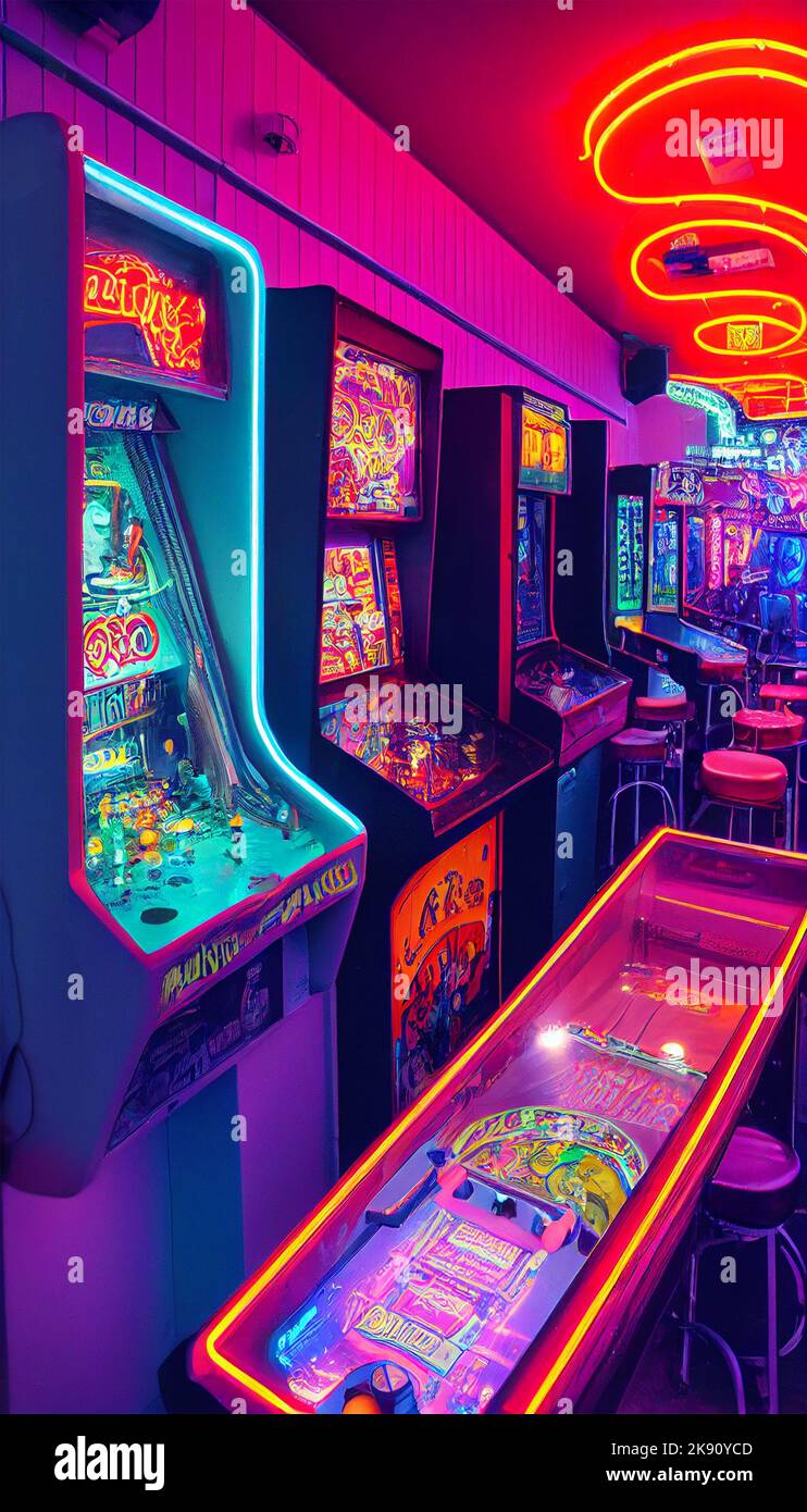 A 3D vertical of a gaming hub with neon arcade games Stock Photo Alamy