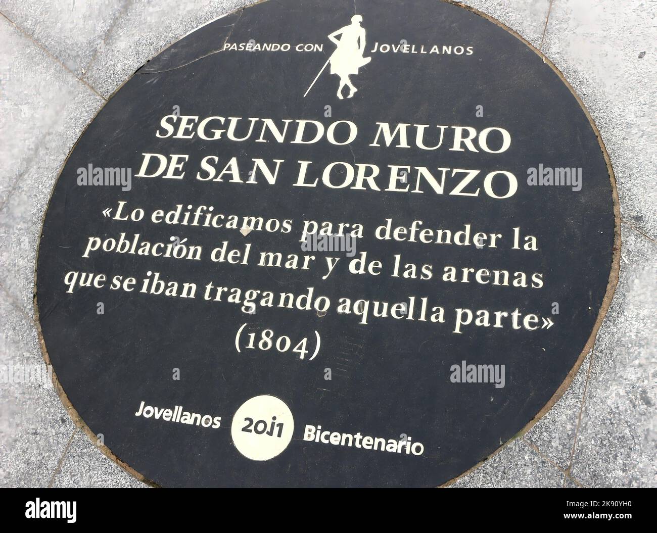 Floor plaque describing the second sea wall of San Lorenzo 1804 Gijon Asturias Spain Stock Photo