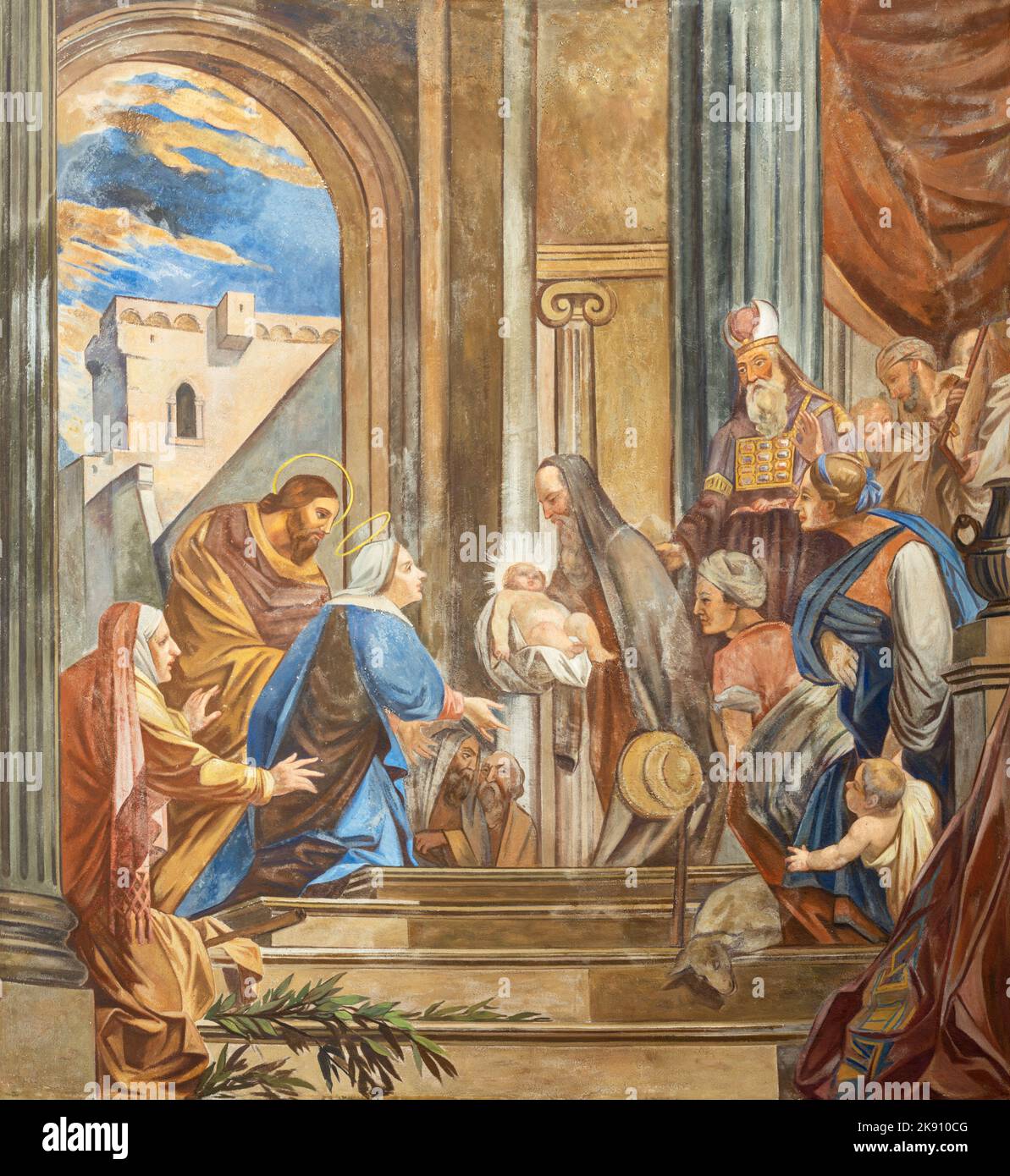 IVREA, ITALY - JULY 15, 2022: The fresco of Presentation of Jesus in the Temple in the church Santuario Monte Stella from middle of 20. cent. Stock Photo