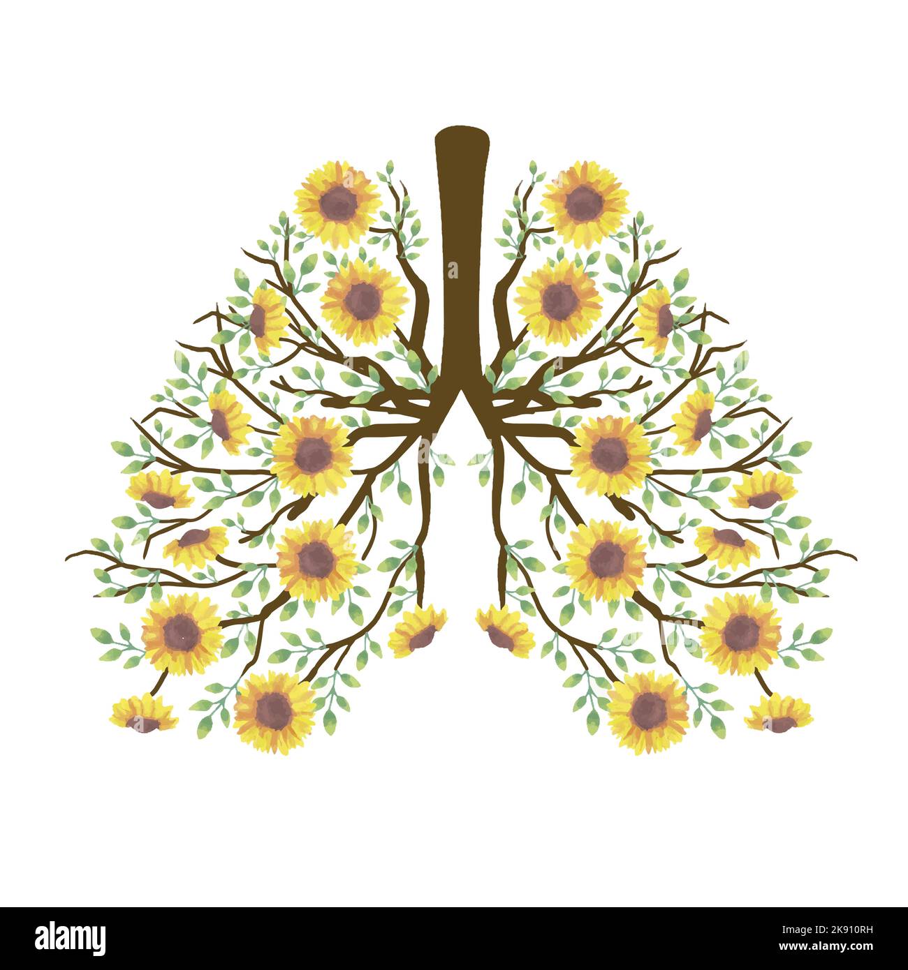 Watercolor floral lungs with yellow Sunflowers forming a bronchial tree