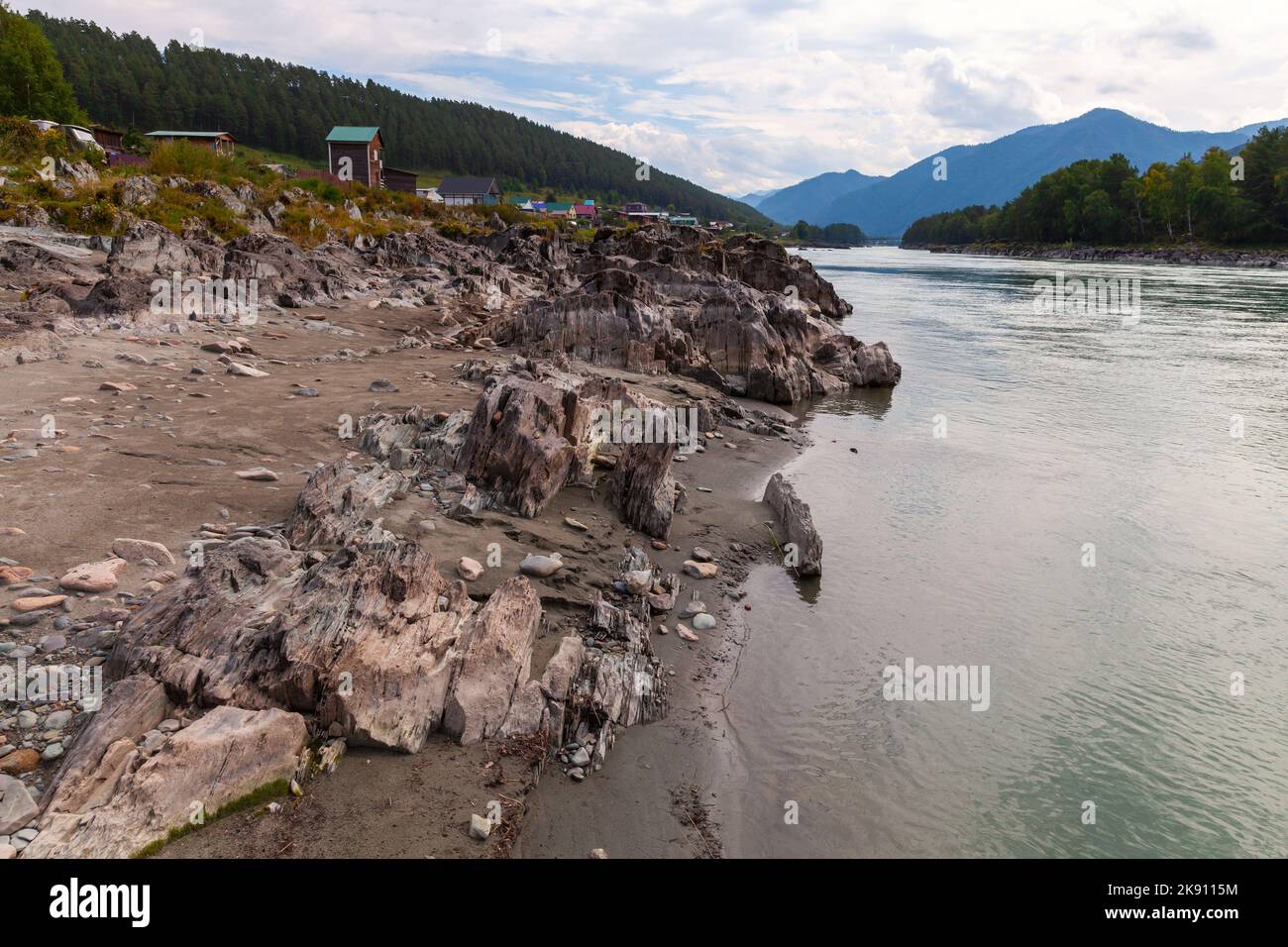 Rocky coast of Katun river, landscape photo taken on a summer day. Altai Republic, Russia Stock Photo