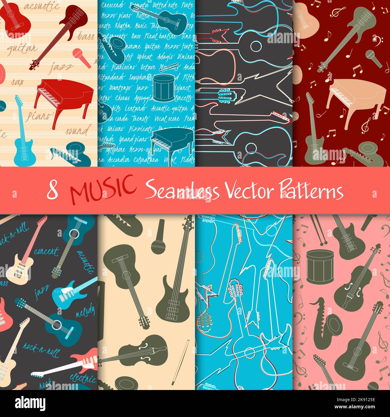 Set of seamless patterns with musical instruments, silhouettes and text ...