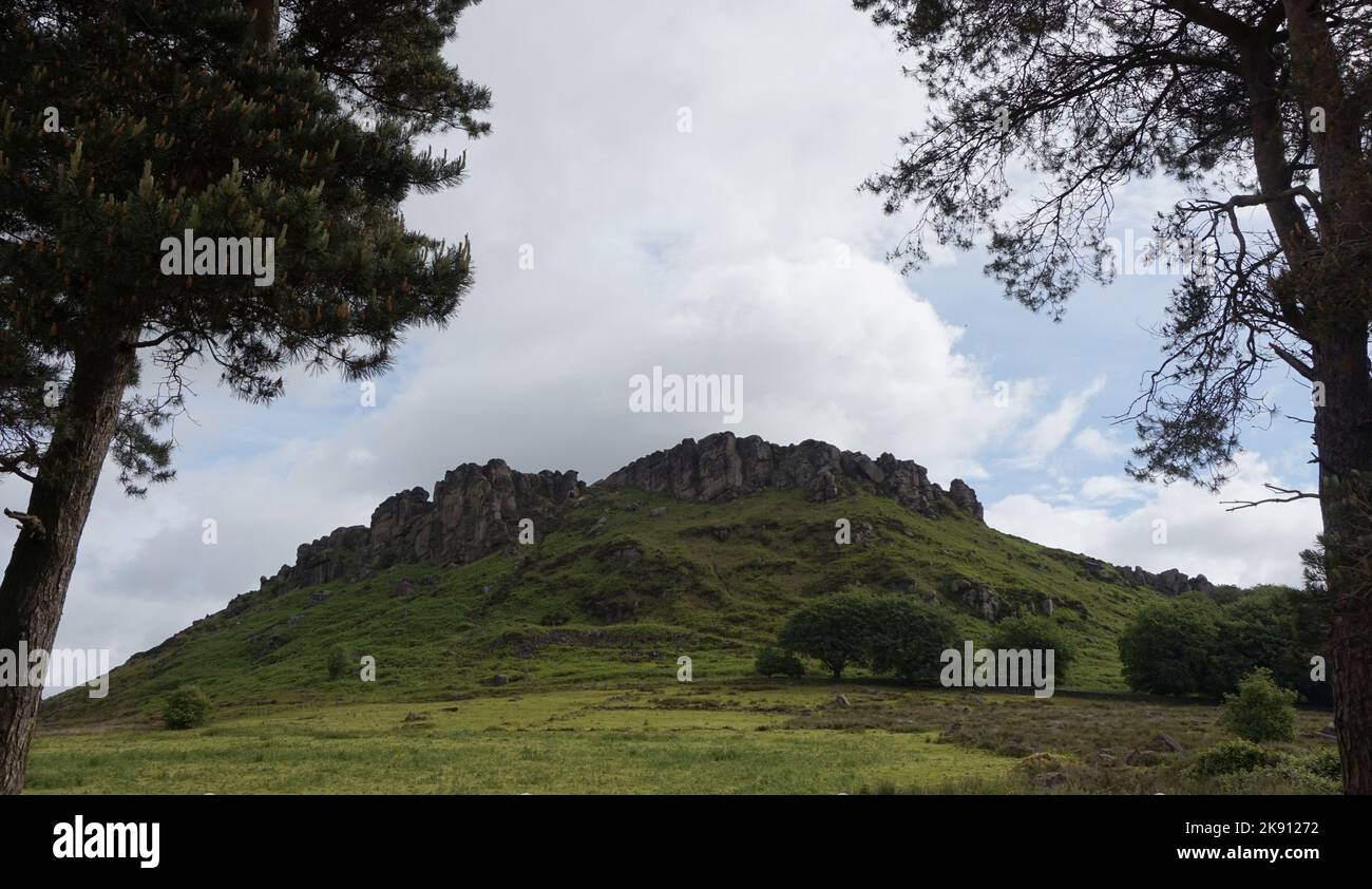 The Roaches (or Roches) is a wind-carved outcrop of gritstone rocks in the Peak District National Park near Leek, Staffordshire Stock Photo