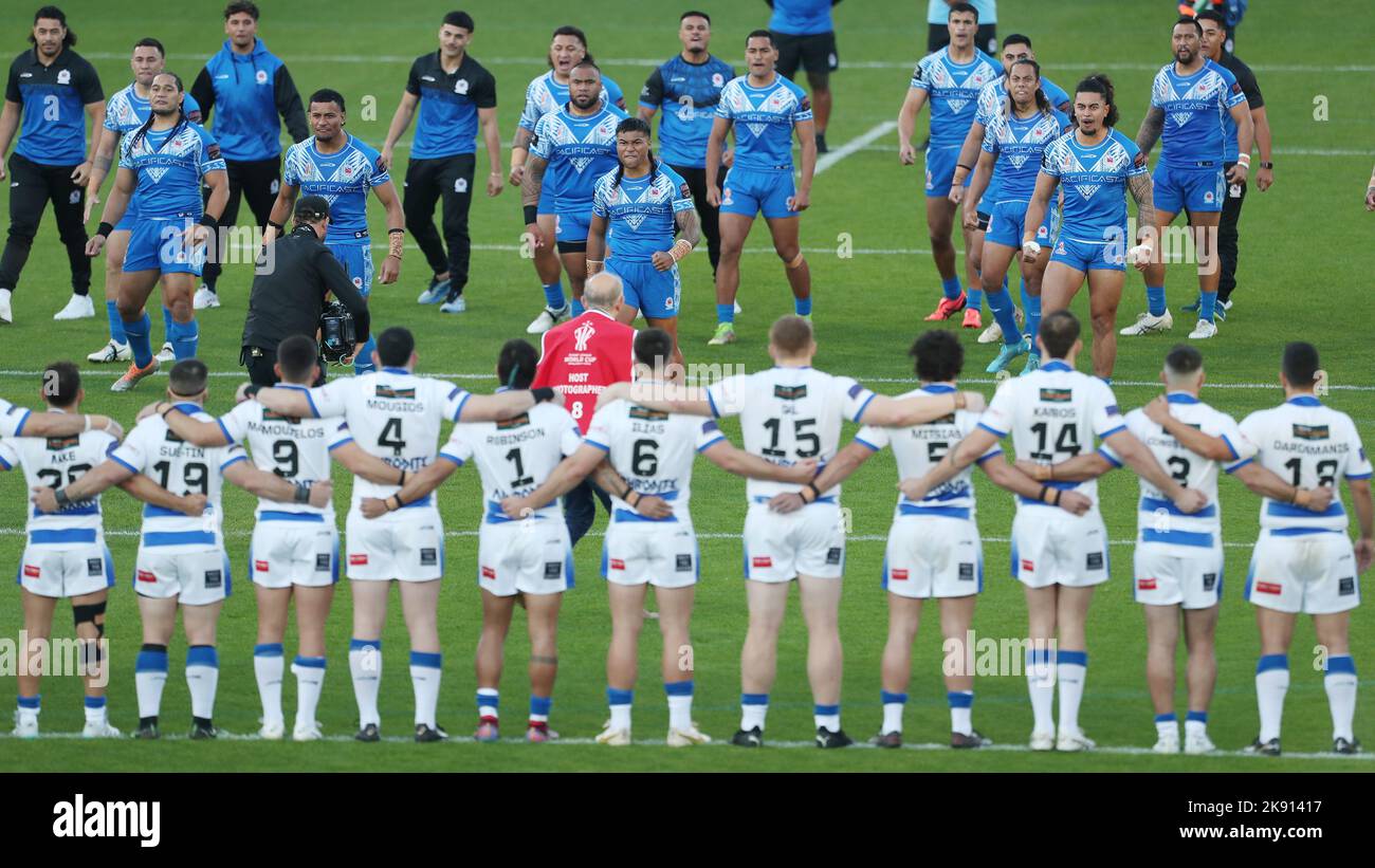 Samoa's players perform the Manu Siva Tau War dance during The 2021 Rugby League World Cup Group A match between Samoa and Greece at the Eco-Power Stadium, Doncaster on Sunday 23rd October 2022. (Credit: Mark Fletcher | MI News ) Credit: MI News & Sport /Alamy Live News Stock Photo