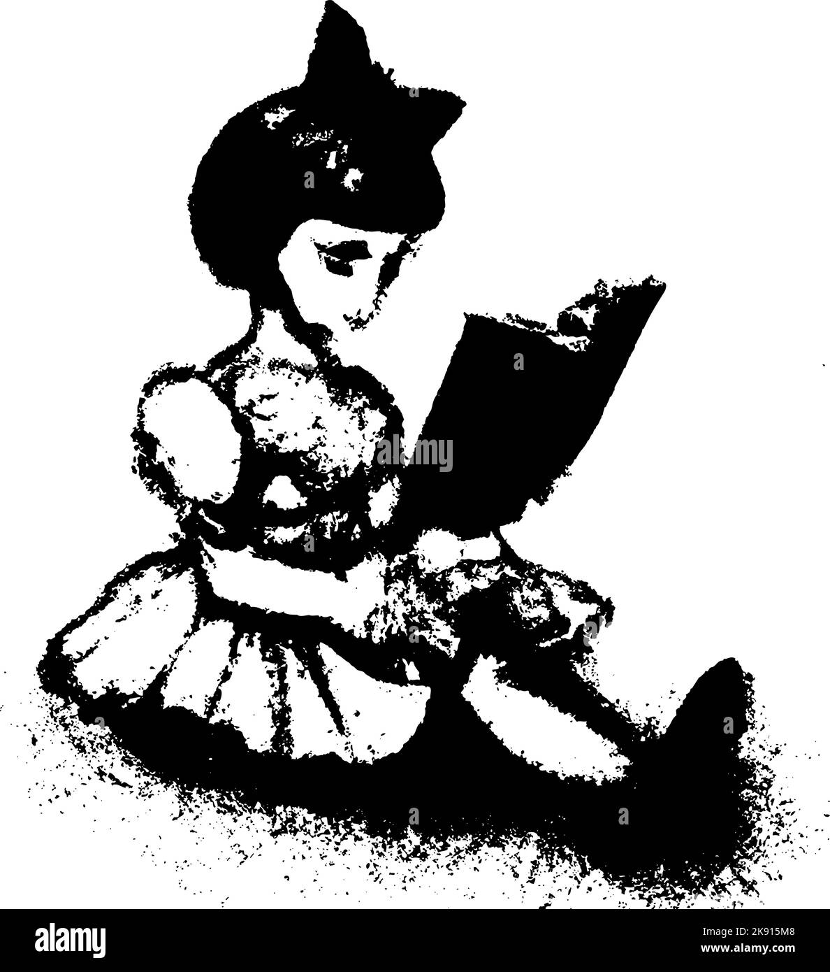 Young girl sitting with a large book, reading. Bow in her hair, black and white hand drawn illustration. Stock Vector