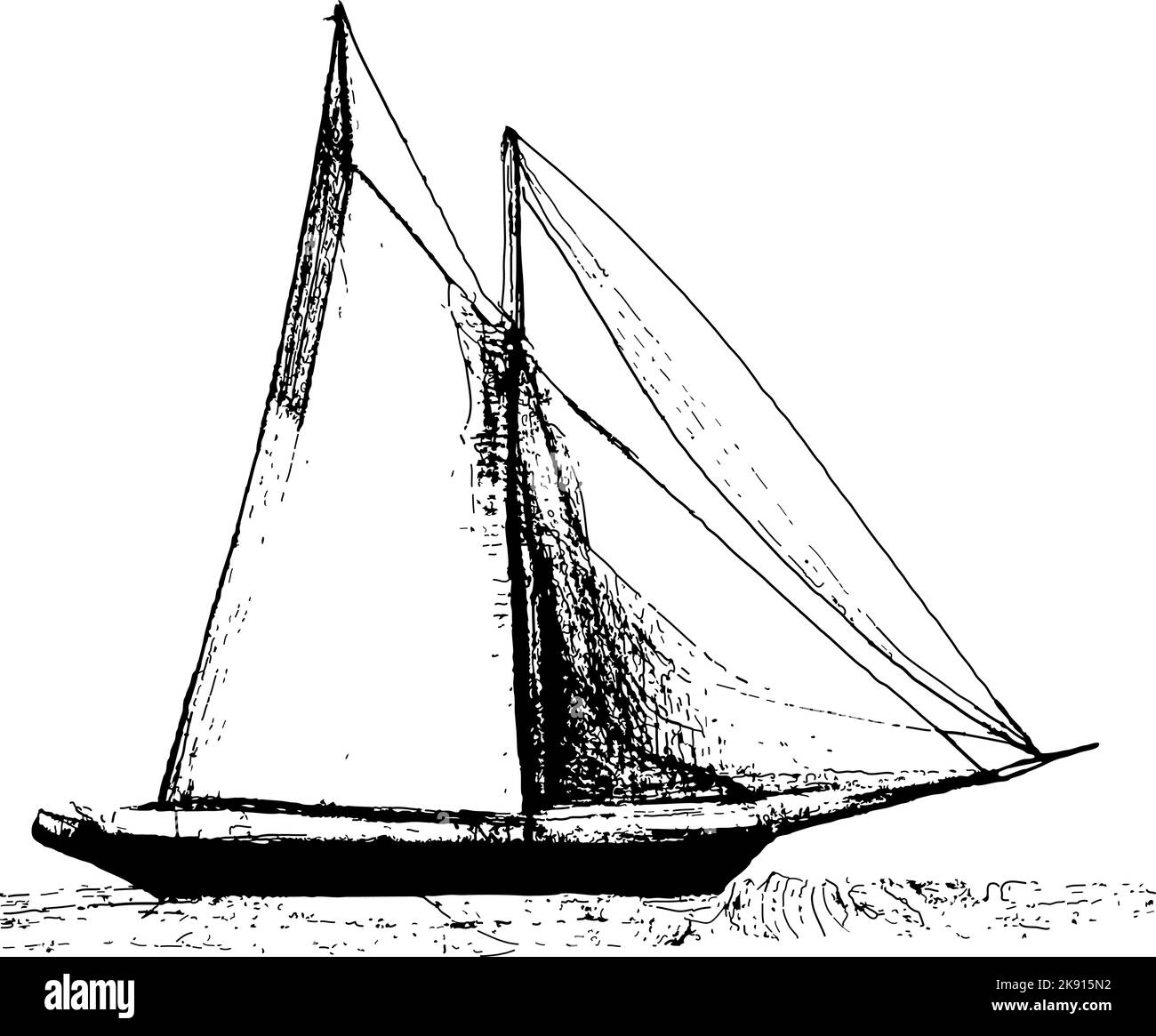 Sailboat line drawing original art work. Black and white scooner or cutter with two masts. Stock Vector