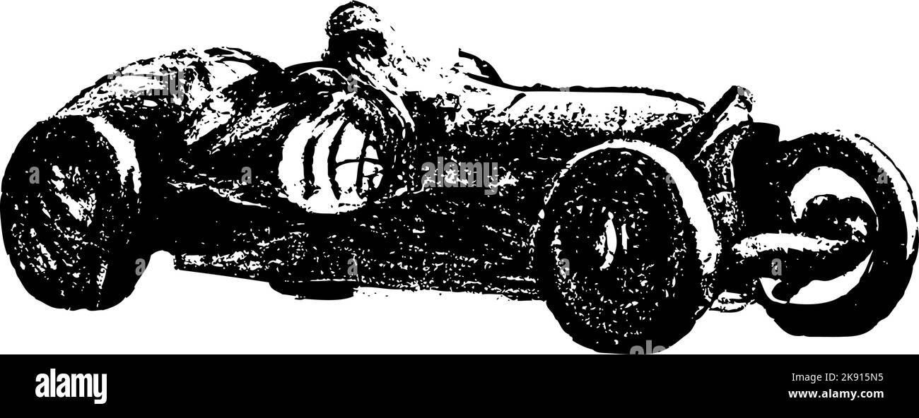 Hand drawn line art style of the 20 and 30s grand prix racing cars. Black and white, original art illustration of an open wheel race car stylized. Stock Vector