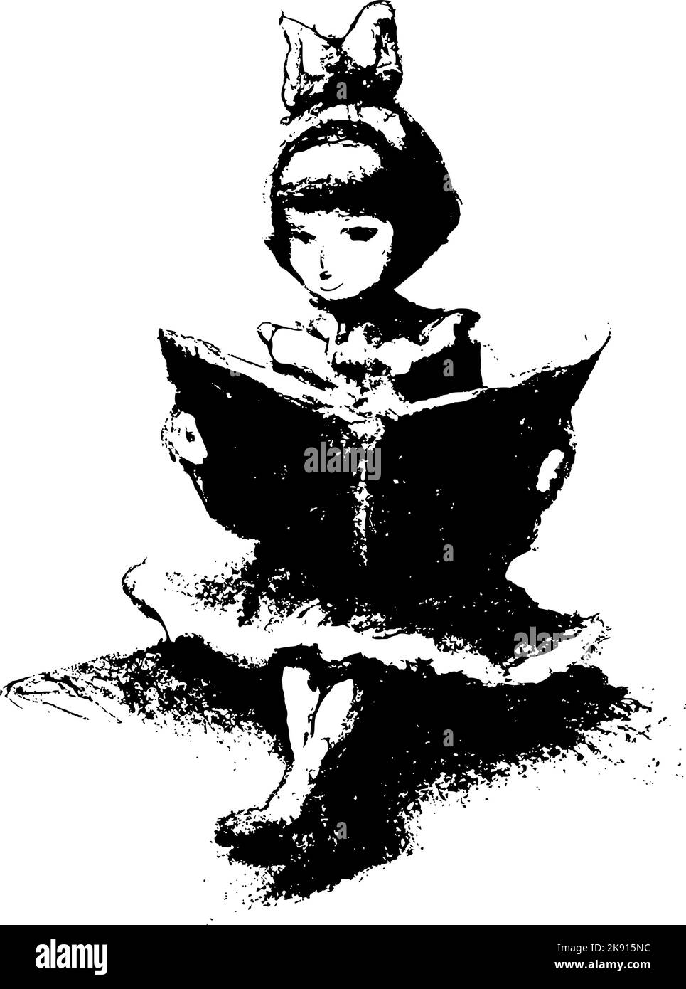 Young girl sitting with a large book, reading. Bow in her hair, black and white hand drawn illustration. Stock Vector