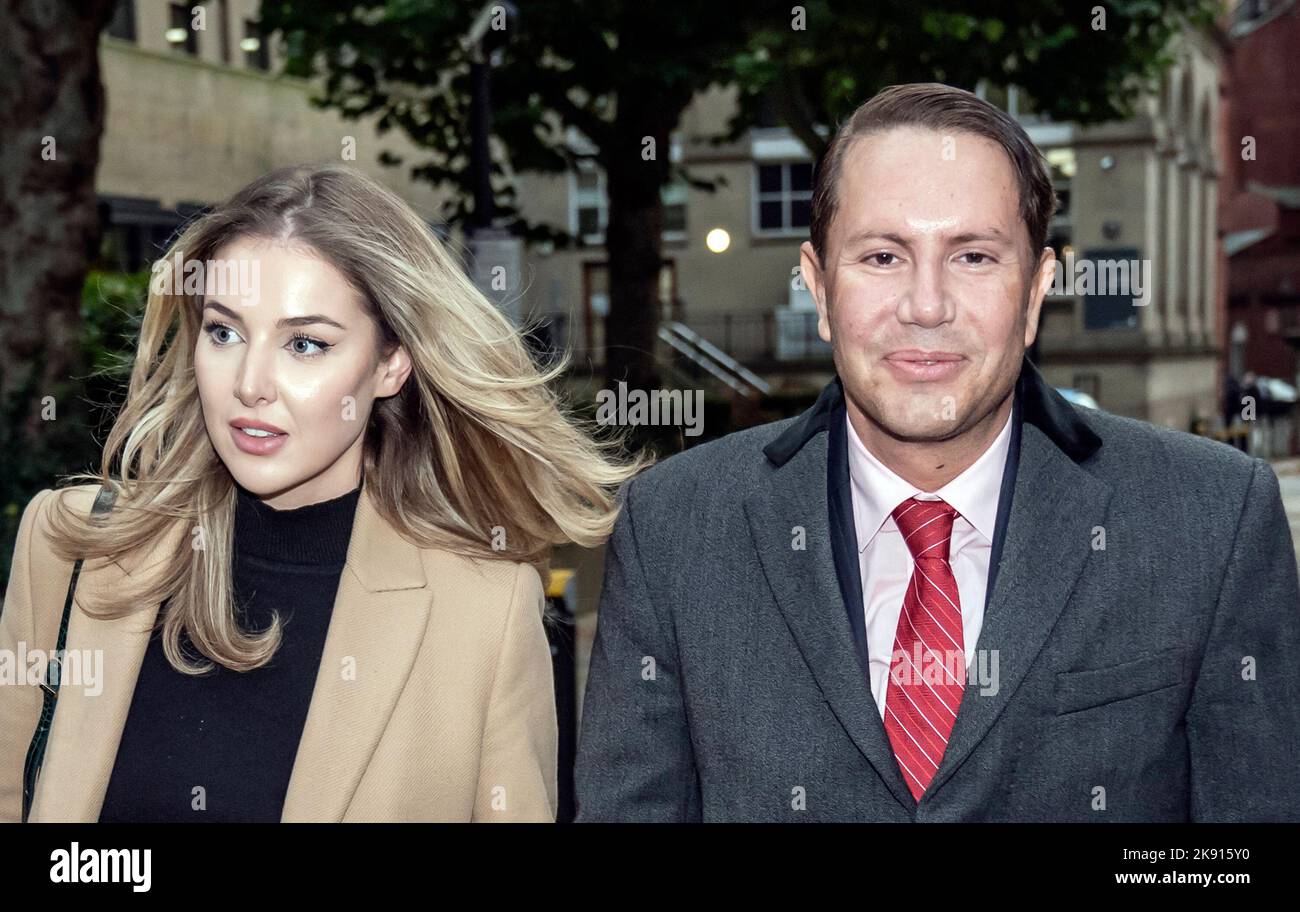 James Stunt, ex-husband of Formula One heiress Petra Ecclestone, leaves Cloth Hall Court in Leeds with Helena Robinson, where he is trial for money laundering charges with seven other defendants. They all deny the same money laundering charge involved depositing cash in the account of Bradford gold dealer Fowler Oldfield between January 2014 and September 2016. The sum involved is in excess of £250 million. Picture date: Tuesday October 25, 2022. Stock Photo
