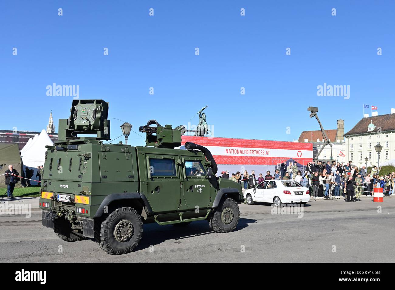 Vienna, Austria. 25th Oct, 2022. Preparations for the Austrian federal army (Bundesheer) performance show at Heroes Square in Vienna. Armed Forces PSYOPS team 'Psychological Operations' Stock Photo