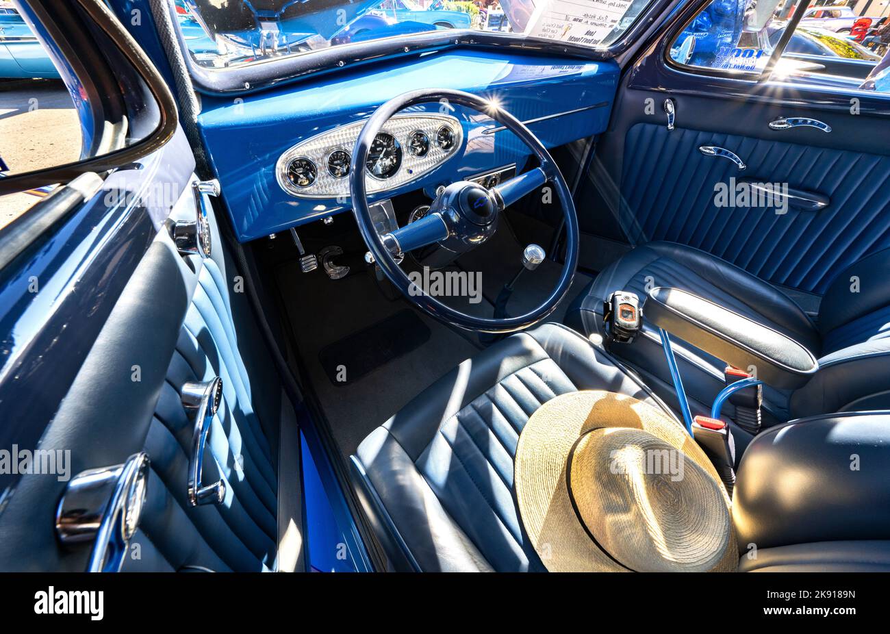 A inside of the blue car in the Just Cruisin's car show in Winslow